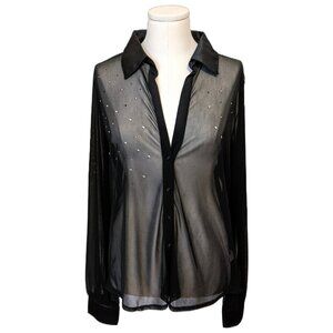 The Limited Black Mesh Beaded Blouse Sheer Button Up Gothic Whimsygoth XL